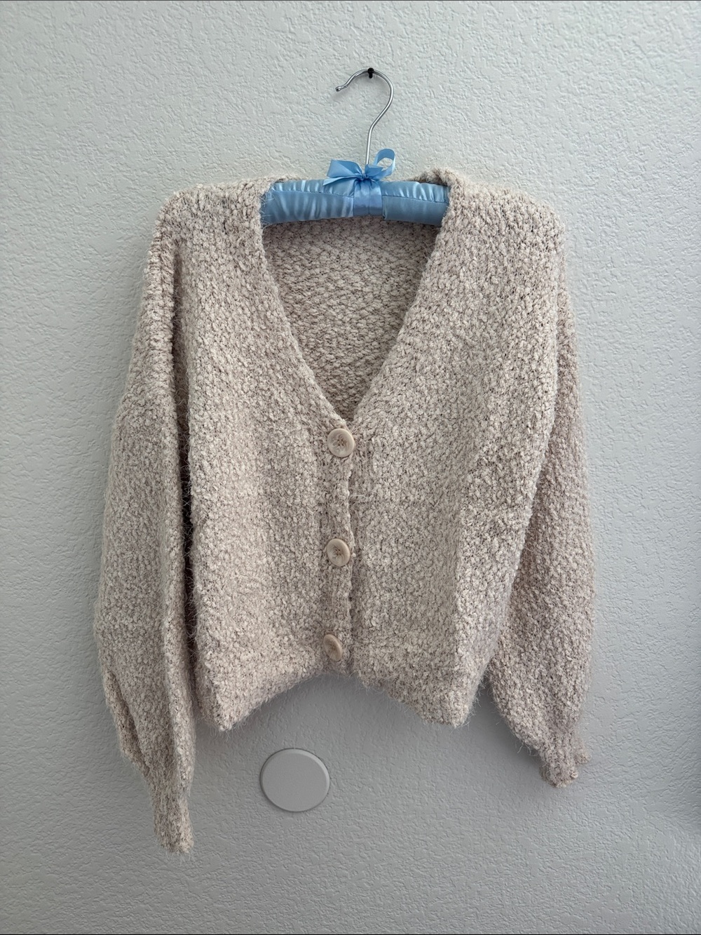 SHEIN Cream Bouclé V-Neck Button Cardigan